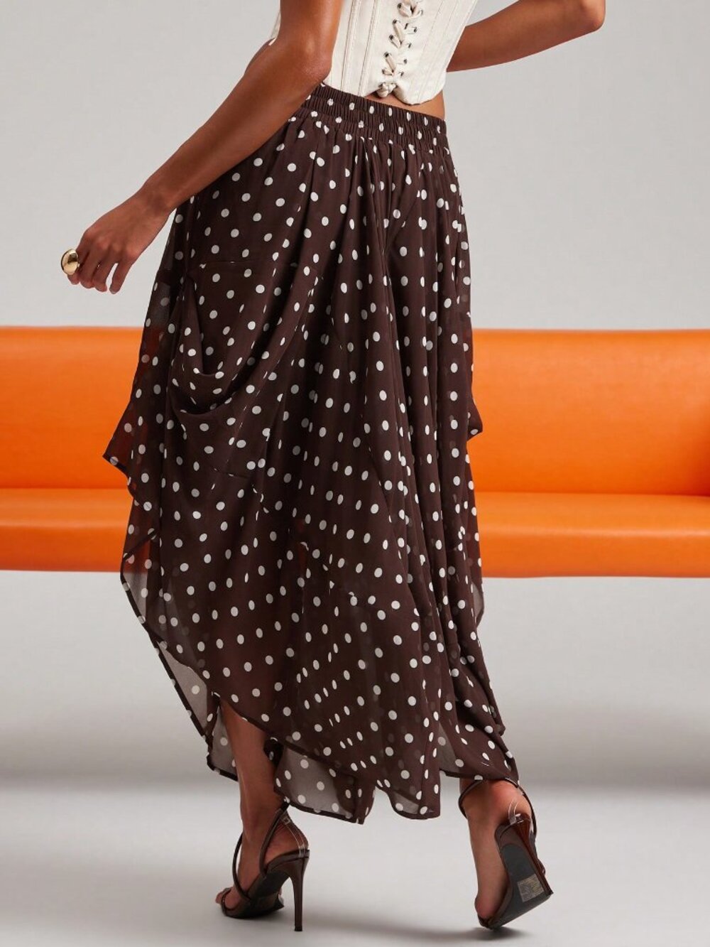 Multicolor Casual Women's Polka Dot Midi Length Asymmetrical Skirt - Picture 2 of 7